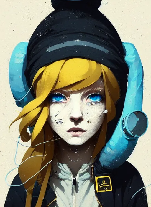 Prompt: highly detailed portrait of a sewerpunk student lady, blue eyes, hoody, beanie hat, white hair by atey ghailan, james gilleard, by greg rutkowski, by joe fenton, by greg tocchini, by kaethe butcher, gradient yellow, black, brown and cyan color scheme, grunge aesthetic!!! ( ( graffiti tag wall background ) )