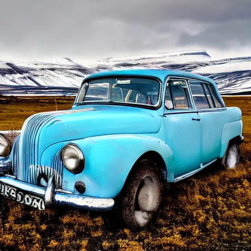 Prompt: a stunning wide angle HDR photograph of a blue vintage car in a field in Iceland, snowy mountain backdrop, shot from low angle