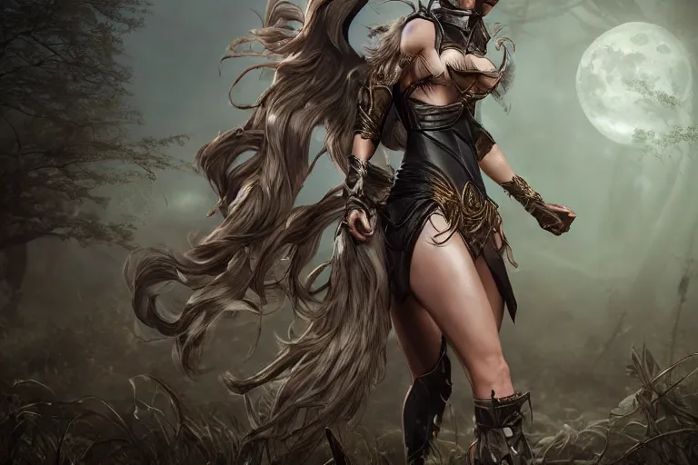 Image similar to Greek Goddess Artemis in moonlit forest wearing leather !!ranger!! armour, surrounded by !animals!, medium shot portrait by artgerm loish and WLOP, octane render, dynamic lighting, asymmetrical portrait, dark fantasy, cool toned, trending on ArtStation