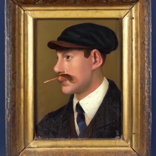 Image similar to portrait of a british young man in a flat cap, a small mustache, and a nice brown suit, oil painting