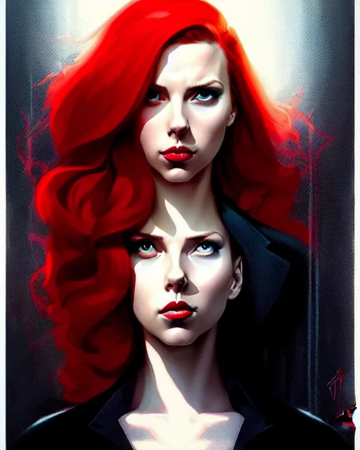 Prompt: peter mohrbacher, phil noto, artgerm, pretty scarlett johansson black widow, symmetrical eyes, long red hair