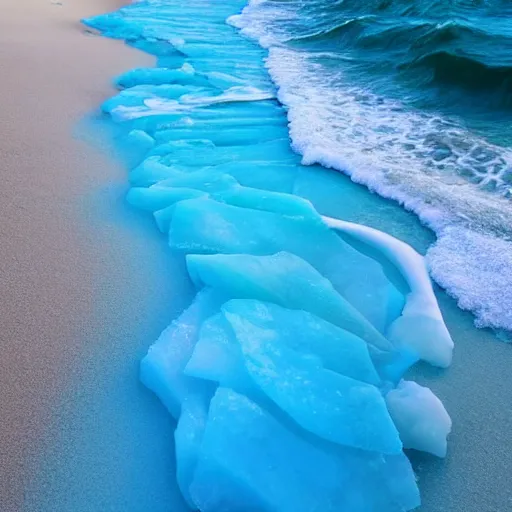 Prompt: beach with sand made out of blue ice