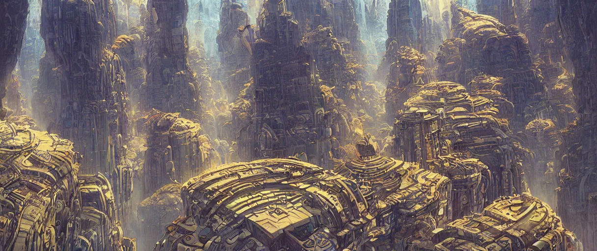 Prompt: A beautiful illustration of a domed retro futuristic city of towers and walkways built across a massive bottomless canyon on a surreal alien world by Robert McCall | Daniel Merriam:.5 | sparth:.2 | Time white:.2 | Rodney Matthews:.2 | Graphic Novel, Visual Novel, Colored Pencil, Comic Book:.7 | unreal engine:.3 | first person perspective | establishing shot:.7