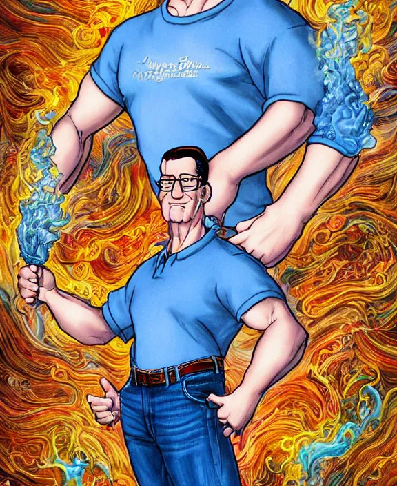 Image similar to hank hill wearing bluejeans and white tshirt, the god of propane, blue flames, magic realism, art by mike judge, art by josephine wall, art by huang guangjian, art by viktoria gavrilenko, art by amanda sage, trending on artstation