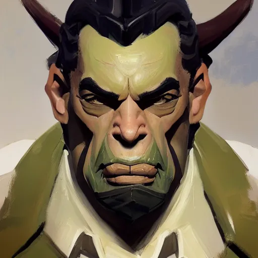 Image similar to greg manchess close - up portrait painting of a handsome older male dieselpunk orc with olive green skin as an overwatch character, medium shot, asymmetrical, profile picture, organic painting, sunny day, matte painting, bold shapes, hard edges, street art, trending on artstation, by huang guangjian and gil elvgren and sachin teng