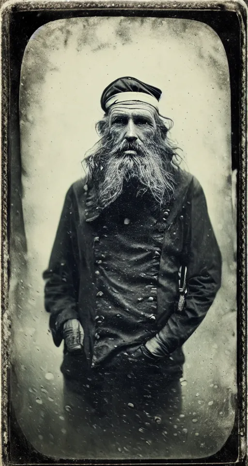 Image similar to a wet plate photograph, a portrait of a grizzled old sea captain