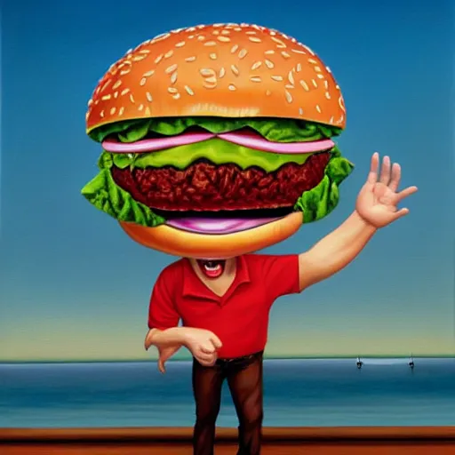 Image similar to adam sandler screaming at a giant hamburger, lowbrow painting by mark ryden