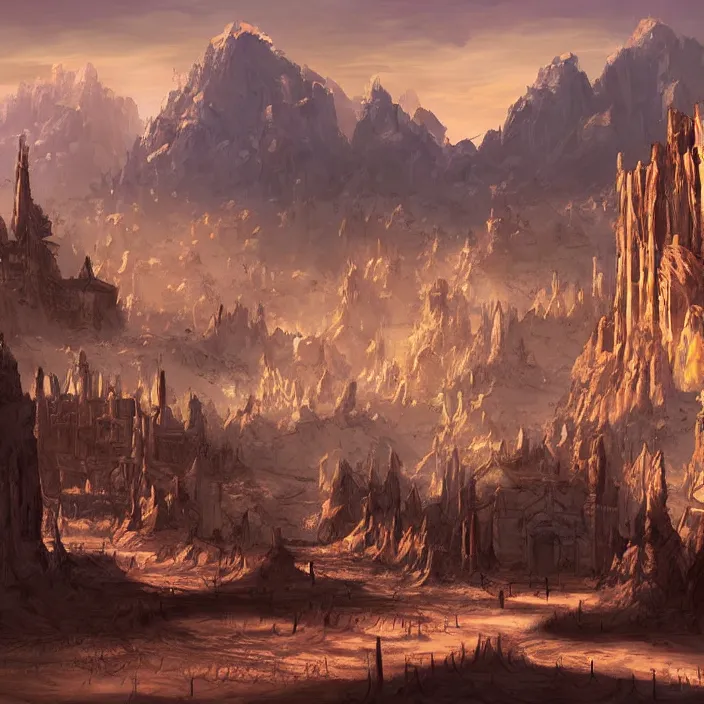 Image similar to large fantasy western town in the middle of a sandy desert with a mountain on the horizon. magic the gathering art, digital media