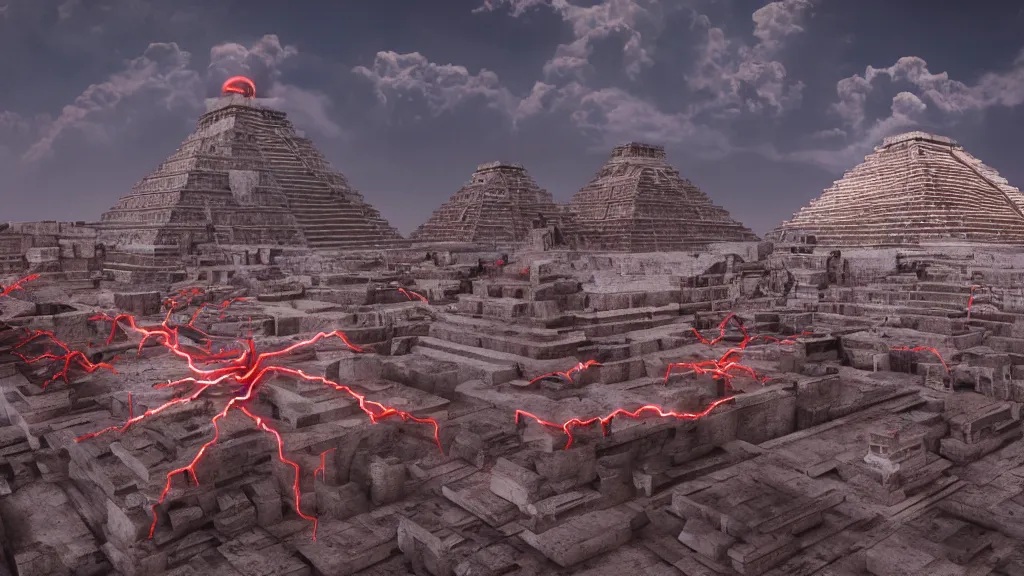 Image similar to blood light with electricity on top of aztec pyramids floating in the sky, marble surfaces, stone surfaces, fine details, studio lighting, close up subtle shadows, art by katsuya terada, photorealism, hyper realism, octane render, hyper detailed, medium shot, 8 k, raw, unedited, in - frame,