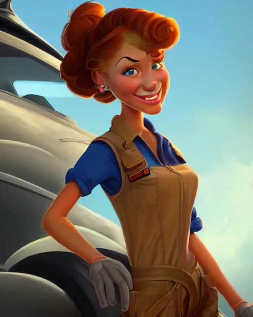 Image similar to charming young woman mechanic character portrait, by don bluth, sci - fi environment, highly detailed, dynamic shadows, 4 k, wallpaper - 1 0 2 4