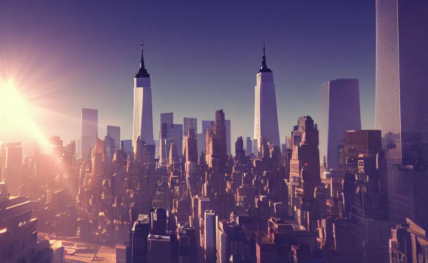 Prompt: futuristic new york. daylight. sunlight. lens flare. light fixtures. 8 k. detailed. photorealism. artstation. 2 5 mm f / 1. 7 asph lens. ultra realistic