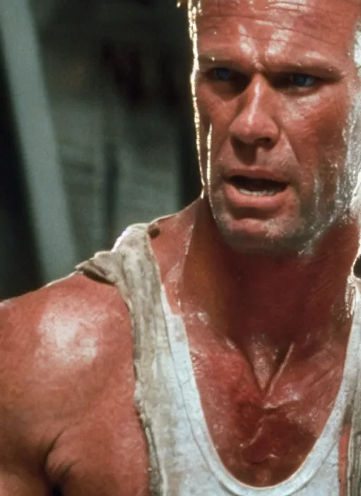 Image similar to film still of Dolph Lundgren as John McClane in Die Hard, 4k