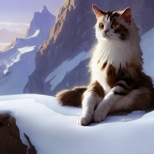 Prompt: Concept art, A shiny Ragdoll cat sitting by snow mountains, 8k, alphonse mucha, james gurney, greg rutkowski, john howe, artstation