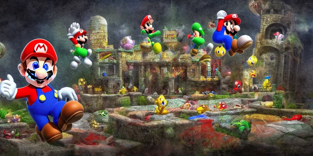 Image similar to super mario 6 4 creepypasta, realistic 4 k octane beautifully detailed render, 4 k post - processing, highly detailed, intricate complexity, epic composition, magical atmosphere, cinematic lighting, masterpiece, ultra hd