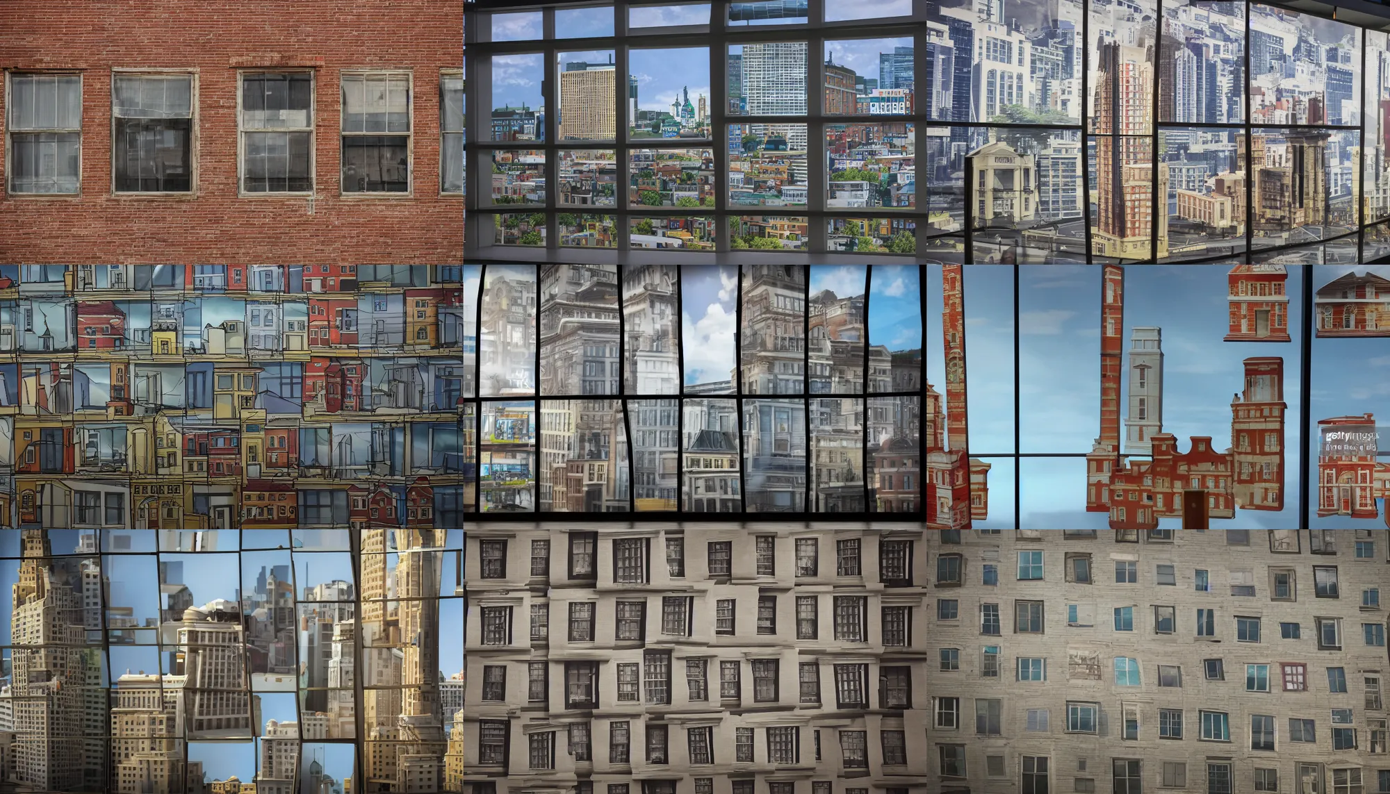 Prompt: A backdrop for the set of a news show depicting buildings from a very small town jumbled together, simulated window, closeup,
