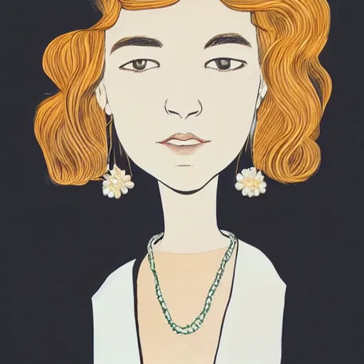 Image similar to Print. A beatiful portrait of a young woman, pictured from the shoulders up, wearing a pearl necklace and earrings. She has blonde hair that is styled in loose curls, and she is looking to the side with a soft expression. by Jillian Tamaki, by Mœbius minimalist, forbidding