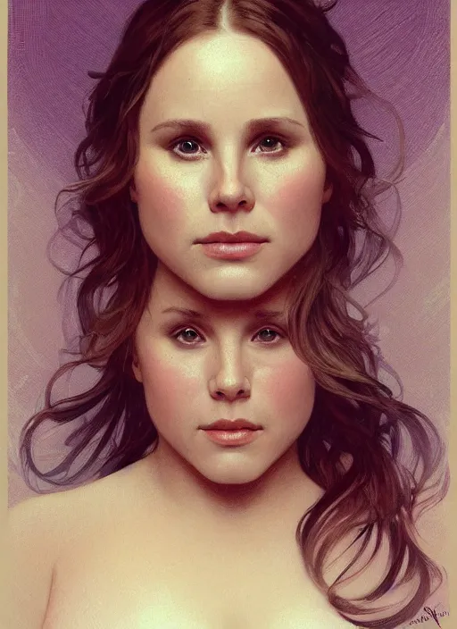 Image similar to beautiful portrait of fat chubby chonky jiggly thick kristen bell, soft features, by magali villeneuve and greg rutkowski and artgerm and alphonse mucha and jeremy lipkin and rob hay, intricate, elegant, highly detailed, photorealistic, trending on artstation, trending on cgsociety, 8 k, sharp focus