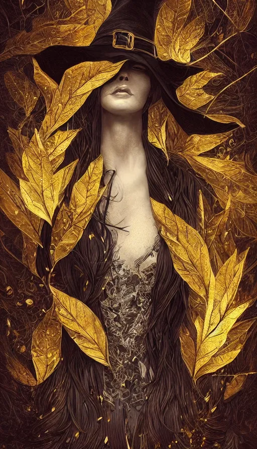 Image similar to black elegant, golden leaves at frame border, creative!!! composition for a book cover!!!, absurdly beautiful, ultrafine hyperrealistic detailed old witch face by wlop and artgerm and greg rutkowski, intricate linework, sharp focus, smooth, octopath traveler, final fantasy, unreal engine, dramatic lighting, ethereal, 8 k