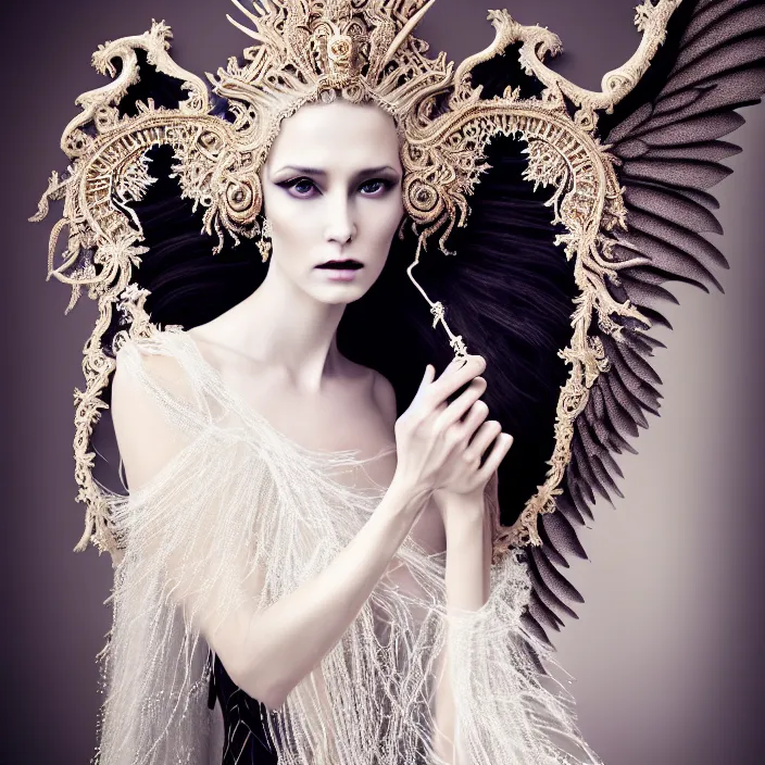 Image similar to photo portrait of a beautiful woman like a queen-dark fallen angel, dressed in long elegant intricate ornamental white dress, intricate fractal ornament in the bust with a very long neck , elegant, highly detailed intricate baroque ornament in her blond long hair, Realistic, Refined, Highly Detailed, Cinematic outdoor Lighting, fine art photography by Flora Borsi, volumetric lighting, pastel colors scheme , hyper realistic photography