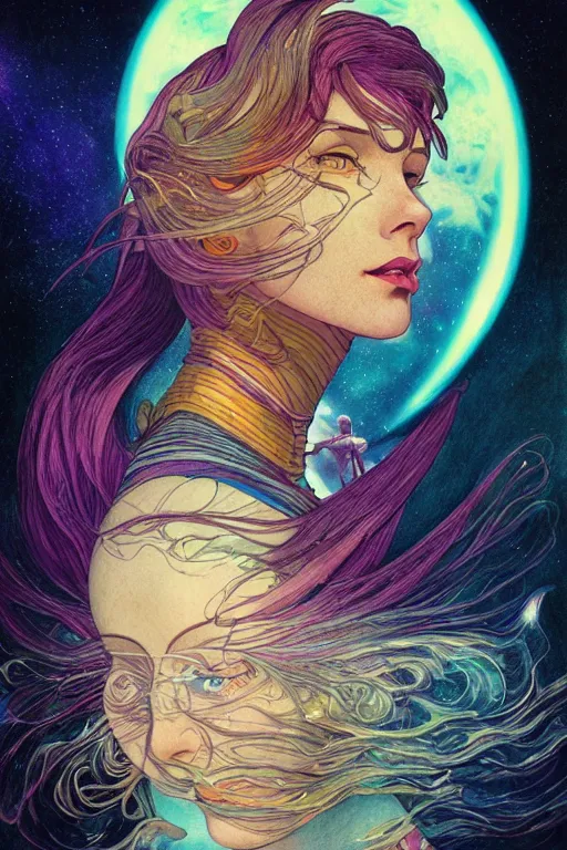 Prompt: the infinity. highly detailed, digital painting, cosmic space traveler woman, watercolor, realism, engraving, artstation, concept art, smooth, sharp focus, vivid grunge, manga, illustration, unreal engine 5, 8 k, art by bilibin and kuvshinov and malevich and mucha