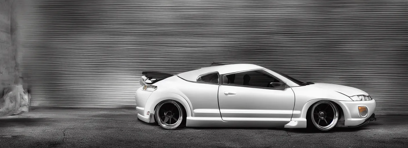 Prompt: a car and driver magazine photo countryside road of a white pearl 2004 Mitsubishi eclipse heavily modified and customized as a performance tune street racing, black rims, samurai vinyl wrap, cinematic lighting, art station, volumetric light, low angle camera, redshift render, octane render, art station