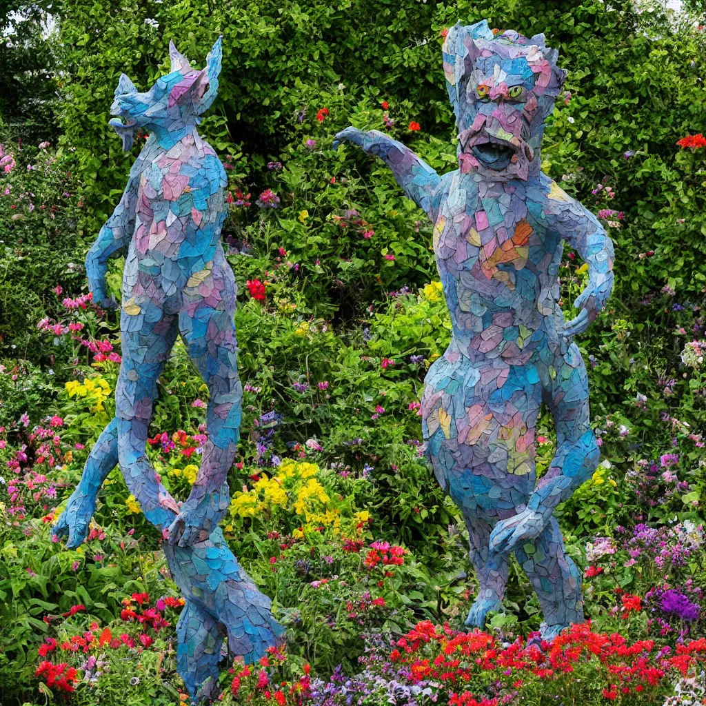 Prompt: folk art garden sculptures in an english cottage garden, cottagecore flower garden, concrete sculpture of a manticore, colorful mosaic, color blocking, sculpture by wouterina de raad!!!, art by james tellen, highly detailed, realistic anatomical proportions, textured hand built concrete sculpture, amazing concrete sculpture, 4 k