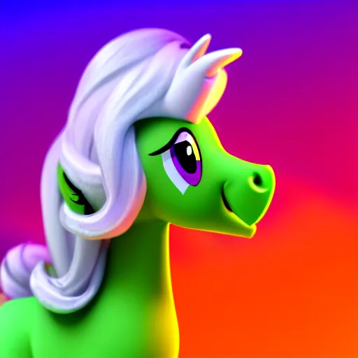 Image similar to white colored stoner pony from my little pony, marijuana themed, weed cutie mark, art, smoke everywhere, colorful, 3 d, render, blender 3 d, soft lighting, green mane, surrounded by smoke clouds spiraling around