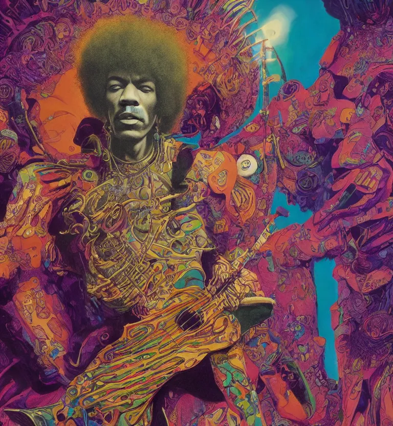 Prompt: jimi hendrix full body, colourful afrofuturist biomorphic opart in background, octane render 8 k, pascal blanche, josh kirby, roger dean, james jean, giger, arthur rackham, moebius, syd mead, killian eng, beksinski, greg hildebrandt, scifi, 8 k