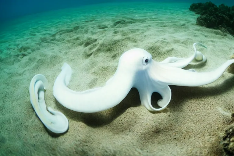 Prompt: underwater photography of a gigantic white octopus walking at the shore of the beach