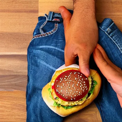 Prompt: how a hamburger wears his jeans