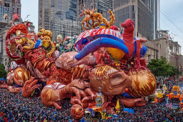 Image similar to photo of giant beautiful elaborate parade float designed by geoff darrow!!!!!!!! and ( ( ( ( ( ( hr giger ) ) ) ) ) ), in the macys parade, detailed 4 k photo