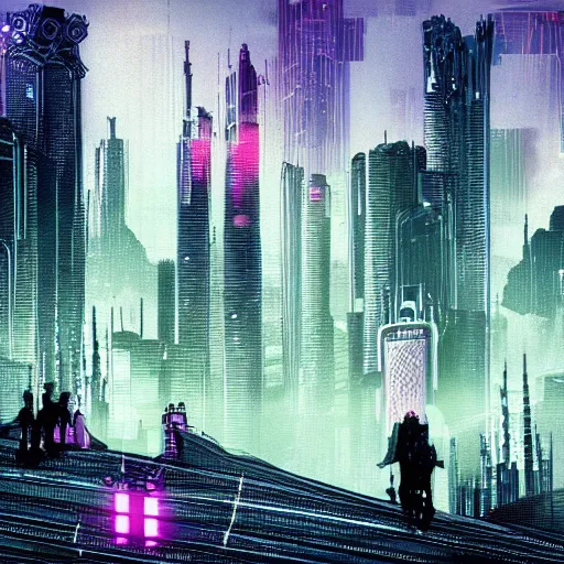 Image similar to ultra detailed gothic cyberpunk cityscape with cars, floating bike, high rise tower, neon atmospheric lighting, people in futuristic getup, by jean giraud - w 1 2 1 6