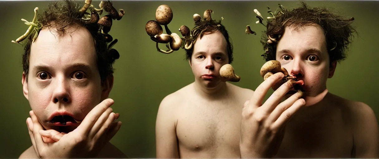 Image similar to award winning photo of a todd solondz charles thompson iv eating a mushrooms and becoming nature, sad, symmetrical face, beautiful eyes, studio lighting, wide shot art by sally mann & arnold newman