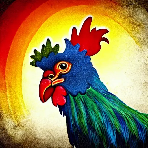 Image similar to Ornate Rainbow Rooster Portrait Antique style Barn background