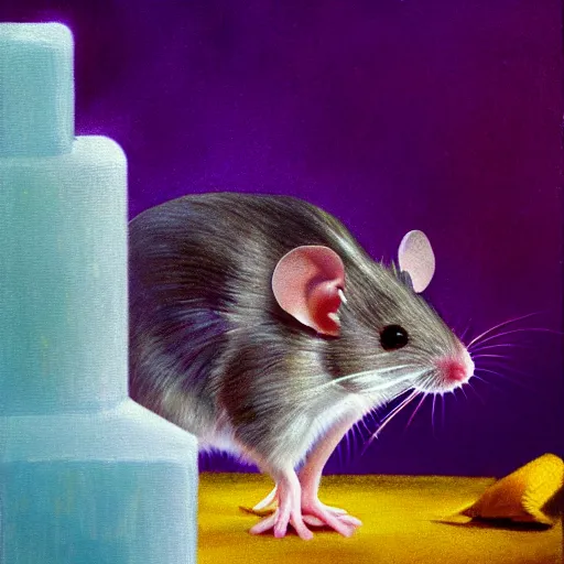 Image similar to mouse reaches for floating purple crystal, famous oil painting, award winning, 8k scan