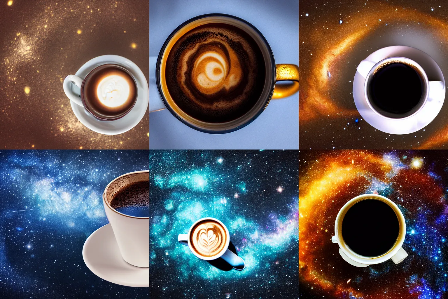 Prompt: Coffee cup filled with a galaxy, photography, award winning, high resolution