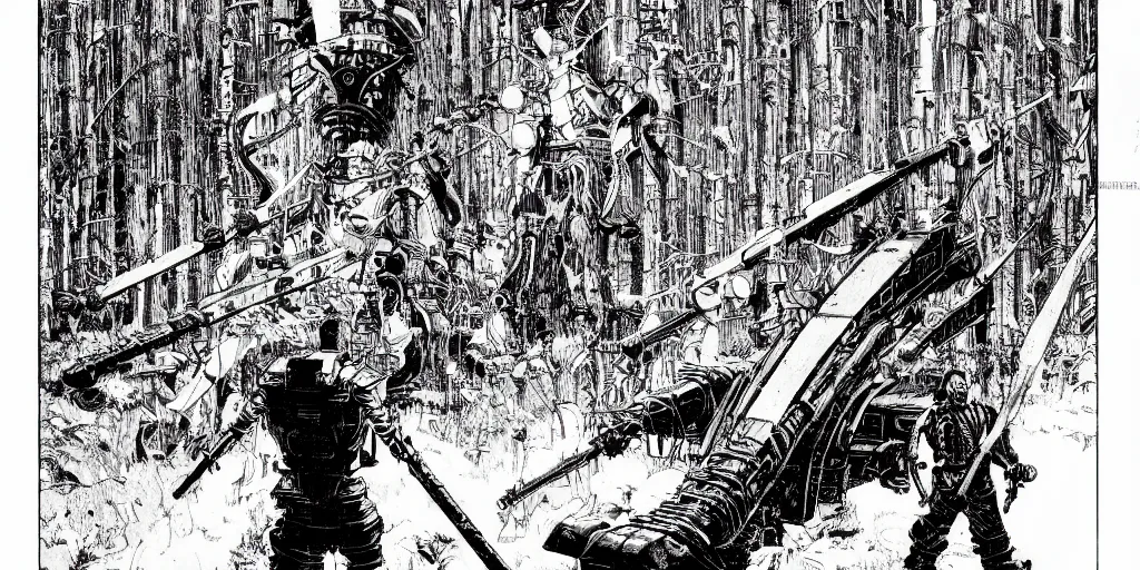 Prompt: grainy risograph, huge floating sword against huge robot machine from akira with three heads, close - up, omnious, matte colors, in the dense forest, highly detailed, artstation, intricate - detailed, by moebius, jack gaughan, lehr paul, sci - fi 1 9 8 0 and manga 2 0 0 0