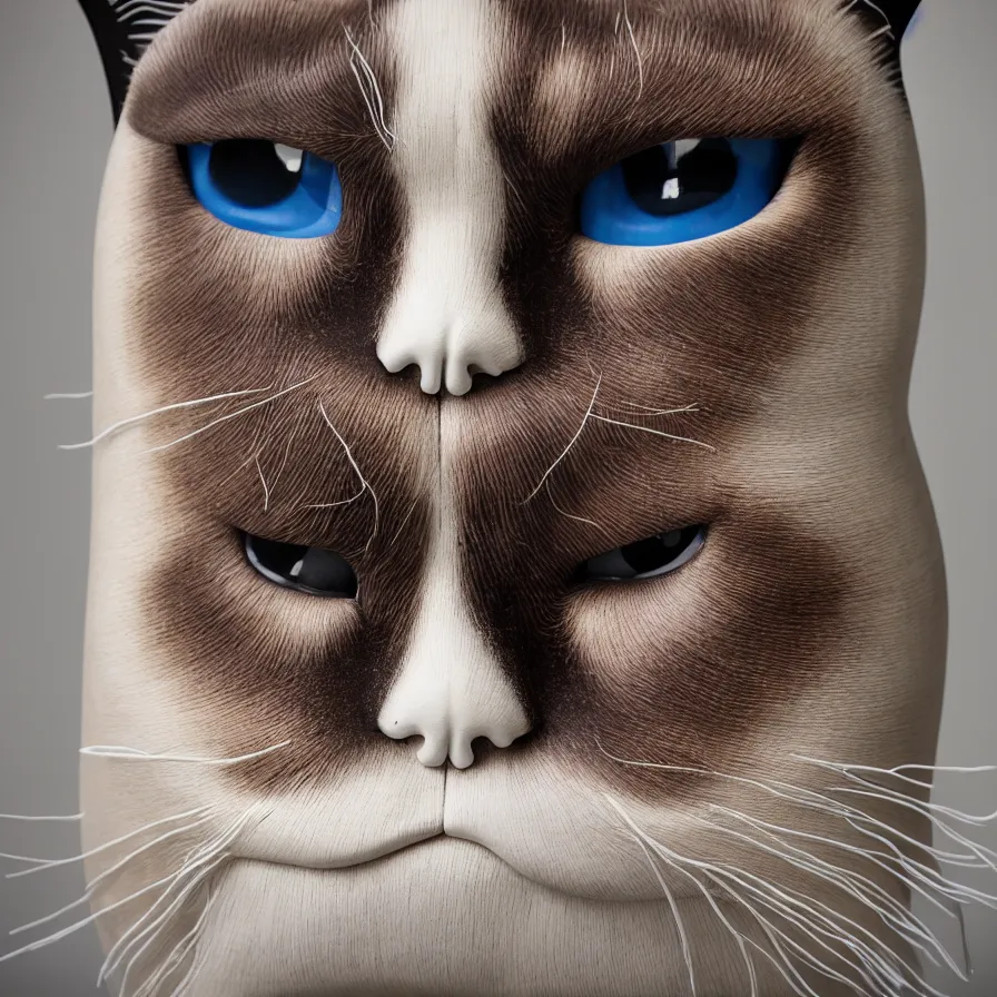 Image similar to beautiful gallery show studio photograph of a giant realistic curvy ceramic sculpture of grumpy cat!!!!!, glazed by bridget riley and victor vasarely, placed on a polished wooden table, colorful hyperrealism 8 k trending on artstation