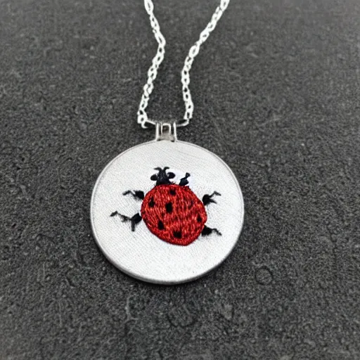 Prompt: silver embroidered necklace in the shape of a ladybug on a leaf, photo, artstation