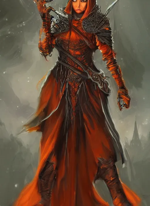 Image similar to dark orange cloak female priest, ultra detailed fantasy, dndbeyond, bright, colourful, concept sheet, realistic, dnd character portrait, full body, pathfinder, pinterest, art by ralph horsley, dnd, rpg, lotr game design fanart by concept art, behance hd, artstation, deviantart, hdr render in unreal engine 5