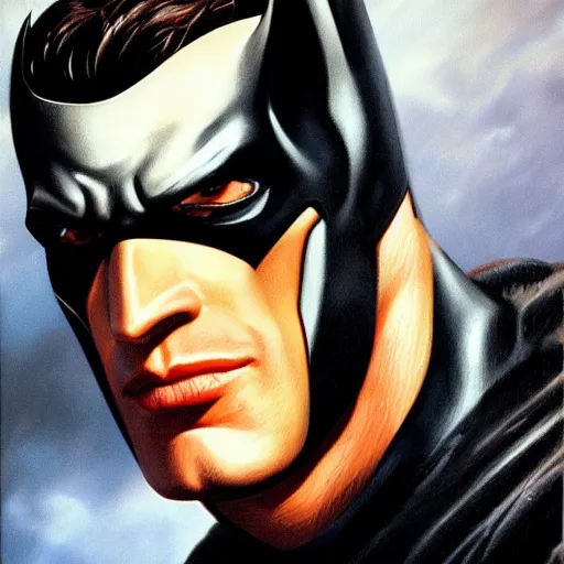 Prompt: ultra - realistic head and shoulders portrait painting of batman. art by boris vallejo. 4 k. ultra - realistic. highly detailed. epic lighting