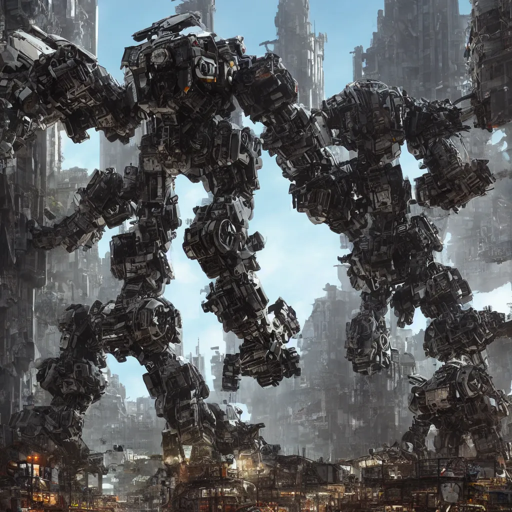 Prompt: giant robotic gorilla mech in the middle of an eastern european city, mecha, titanfall, industrial, bulky, sci fi, photorealistic, atmospheric