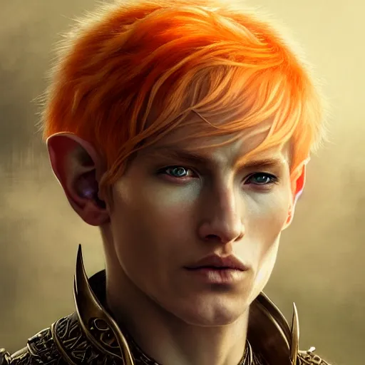 Image similar to portrait painting of an elven young man with short light orange hair and tribal tattoos on cheekbones wearing fur armor, ultra realistic, concept art, intricate details, eerie, highly detailed, photorealistic, octane render, 8 k, unreal engine. art by artgerm and greg rutkowski and charlie bowater and magali villeneuve and alphonse mucha