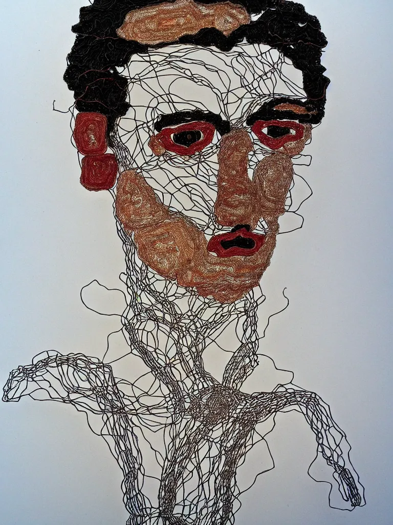 Image similar to wire art portrait inspired by egon schiele