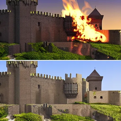 Image similar to Before and after picture of a castle currently under siege, fantasy, hyper realism, 8k resolution, flames, war, death