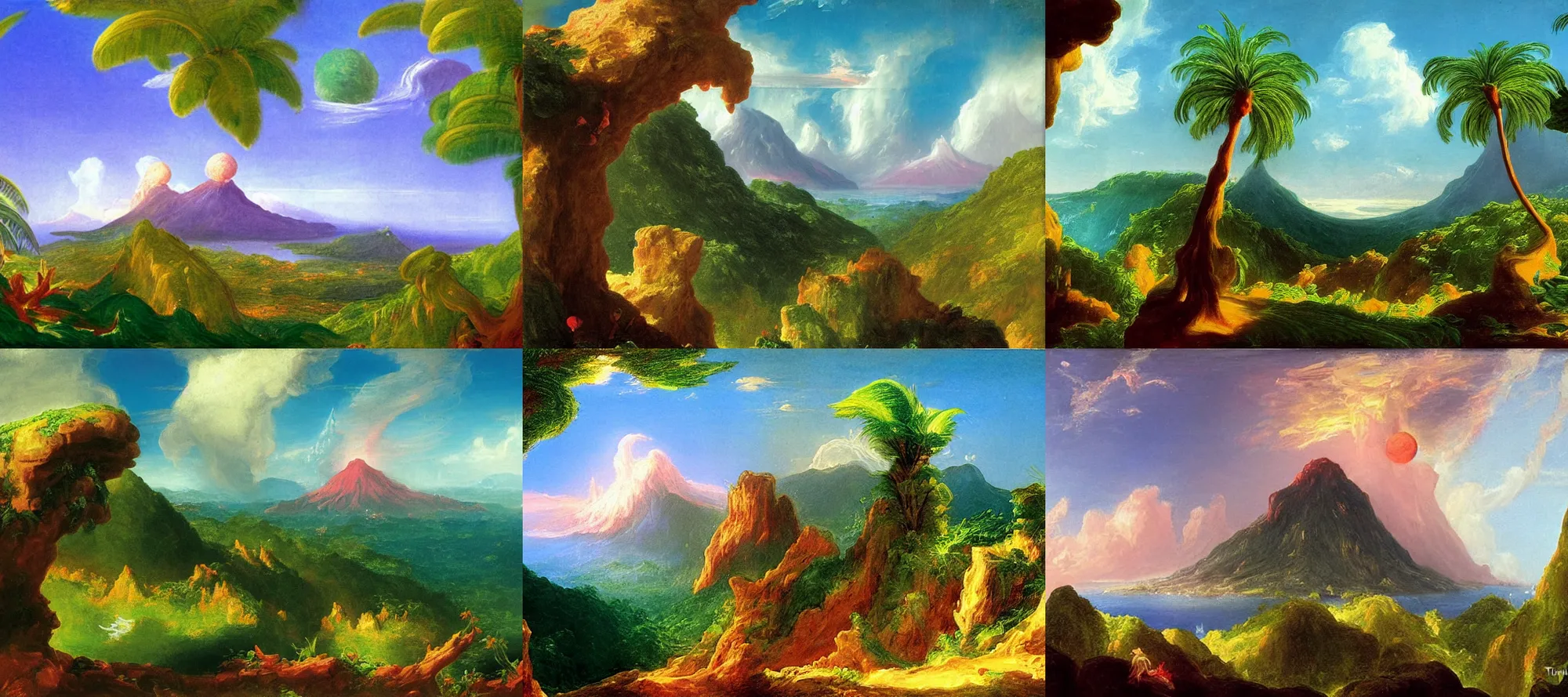 Prompt: el yunque landscape in the style of dr. seuss, starships, painting by thomas cole