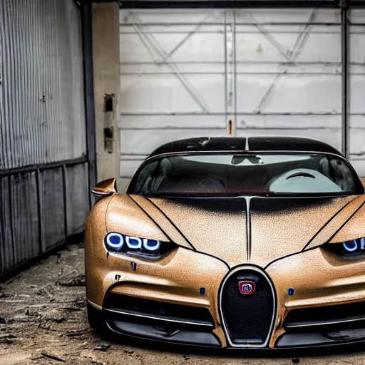 Image similar to an abandoned, derelict, rusty bugatti chiron in a dirty warehouse