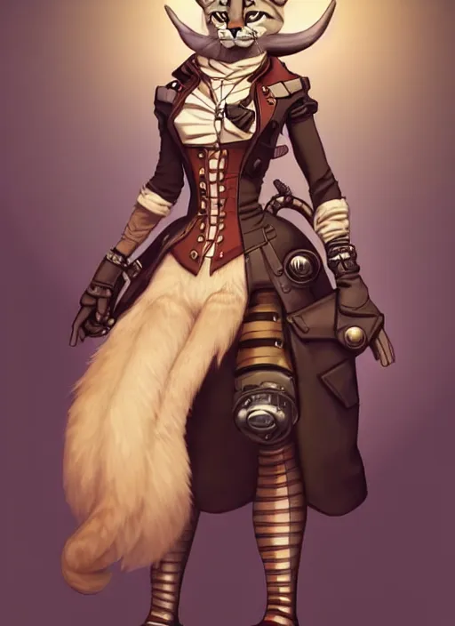 Image similar to wide angle beautiful full body portrait of a strong female anthropomorphic anthro lynx fursona wearing a steampunk dress. character design by disney, anime, manga, charlie bowater, ross tran, artgerm, and makoto shinkai, detailed, soft lighting, rendered in octane