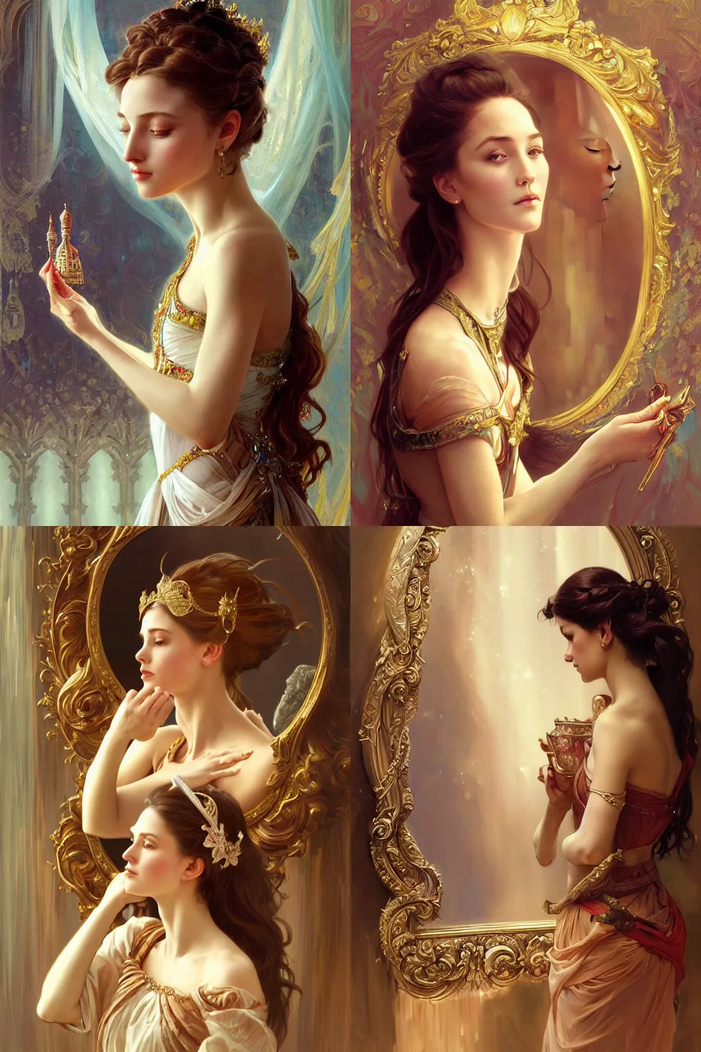 Prompt: oil painting of an princess looking in a mirror, peaceful expression, ornate details, fantasy, intricate, elegant, whimsical, highly detailed brushstrokes, digital painting, artstation, dnd concept art, smooth, sharp focus, illustration, art by charlie bowater and artgerm and greg rutkowski and alphonse mucha
