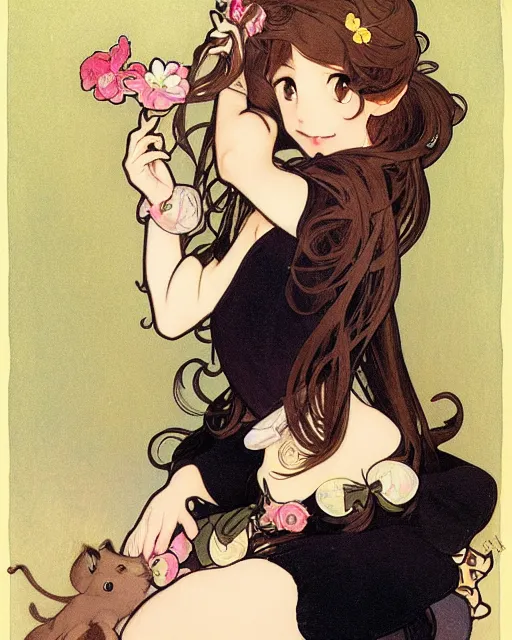 Image similar to A cute painting of a very very beautiful anime skinny mousegirl with long wavy brown colored hair and small mouse ears on top of her head wearing a cute black dress and black shoes looking at the viewer, elegant, delicate, feminine, soft lines, higly detailed, smooth , pixiv art, ArtStation, artgem, art by Gil Elvgren alphonse mucha and Greg rutkowski, high quality, digital illustration, concept art, very long shot